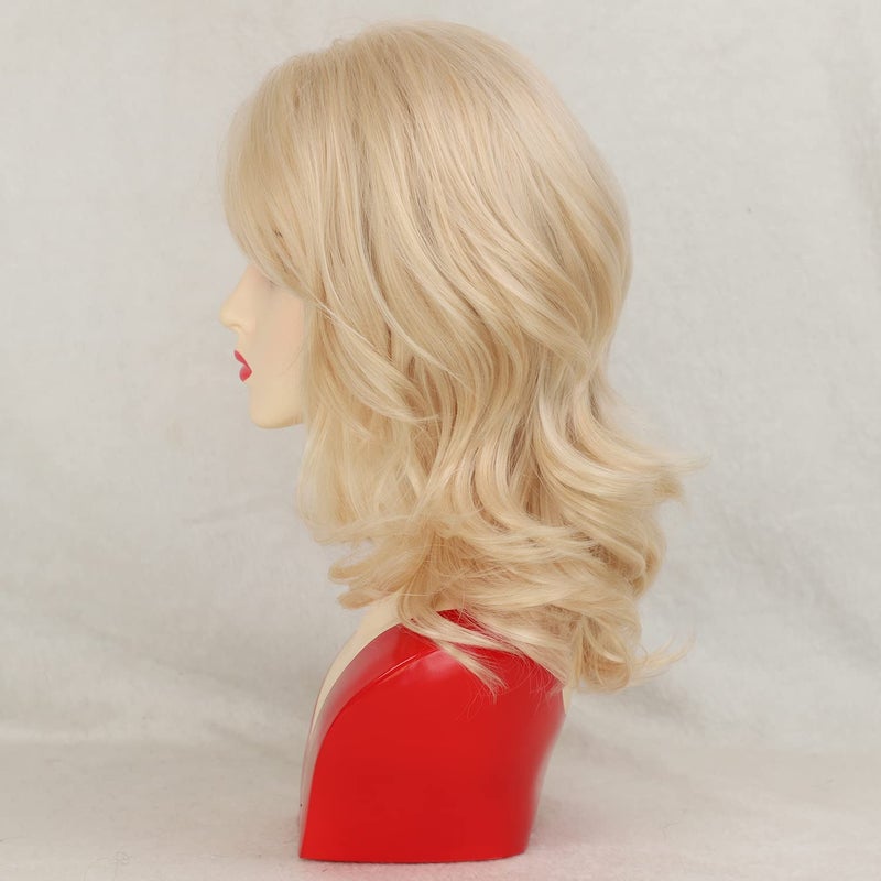 TISHINING Medium Curly Blonde Wigs for White Women Layered Mixed Blonde Curly Wavy Wig with Curtain Bangs Natural Looking Synthetic Halloween Cosplay Daily Party Wig (16 Inch) â€¦ - Image 3