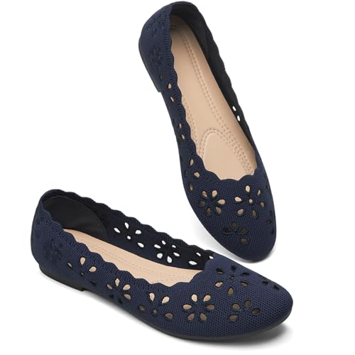 BABUDOG Mesh Ballet Flats Shoes for Women,Womens Flats Dressy Comfortable,Women's Dress Shoes with Flower Eyelets,Slip on Casual Walking Flats(Navy 07) - Image 1
