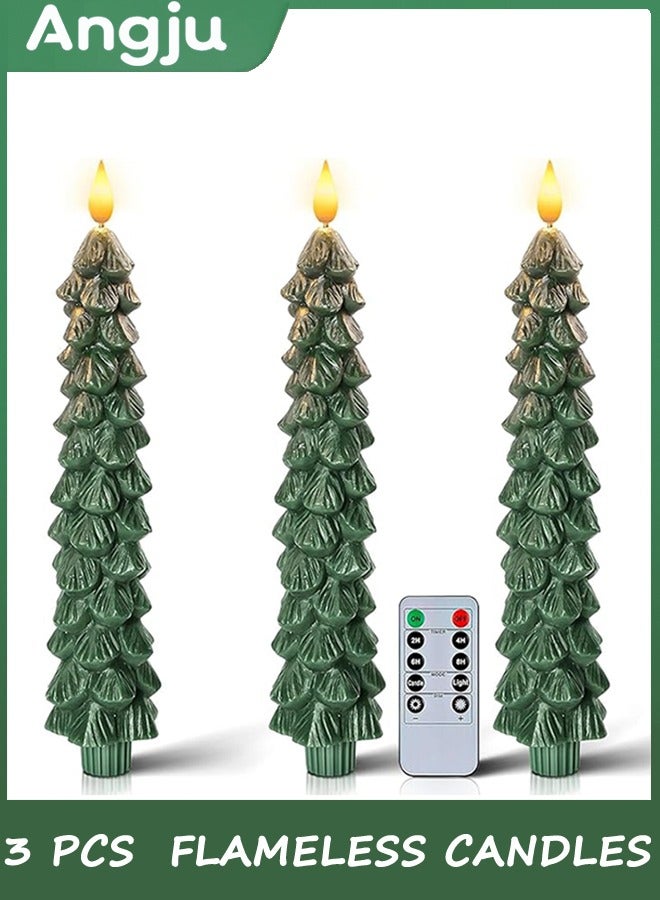 Angju 3 Pcs Christmas Tree Flameless Candles with Remote, Waxy Flameless Taper Candles Flickering, Green LED Candlesticks Battery Operated for New Year Celebration Holiday Decorations 25cm - Image 1