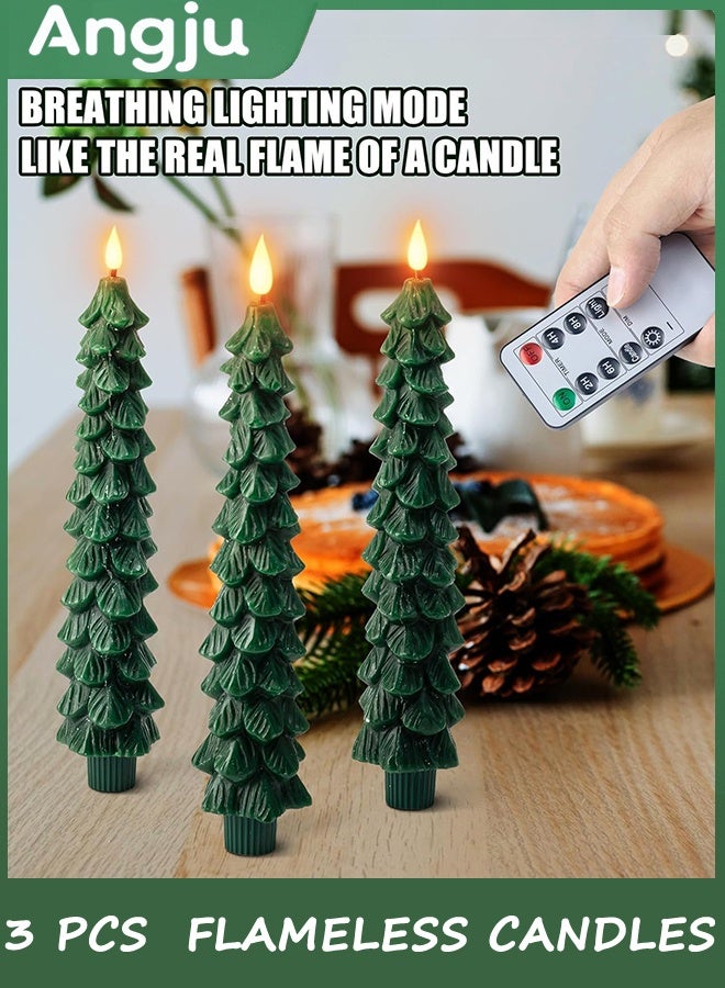 Angju 3 Pcs Christmas Tree Flameless Candles with Remote, Waxy Flameless Taper Candles Flickering, Green LED Candlesticks Battery Operated for New Year Celebration Holiday Decorations 25cm - Image 4