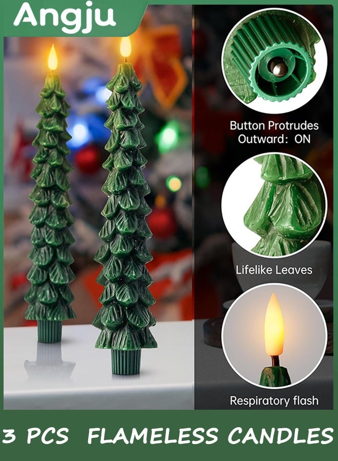 Angju 3 Pcs Christmas Tree Flameless Candles with Remote, Waxy Flameless Taper Candles Flickering, Green LED Candlesticks Battery Operated for New Year Celebration Holiday Decorations 25cm - Image 3