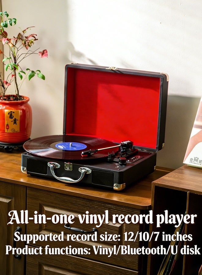 Aikenn Retro Classic Vinyl Record Player, Portable Turntable with Built-in Stereo Speakers, 3-Speed (33/45/78 RPM) Bluetooth Speaker & Phonograph, USB Playback, Ruby Cartridge, Shock-Absorbing Mechanism, Supports 7/10/12-Inch Records - Image 2