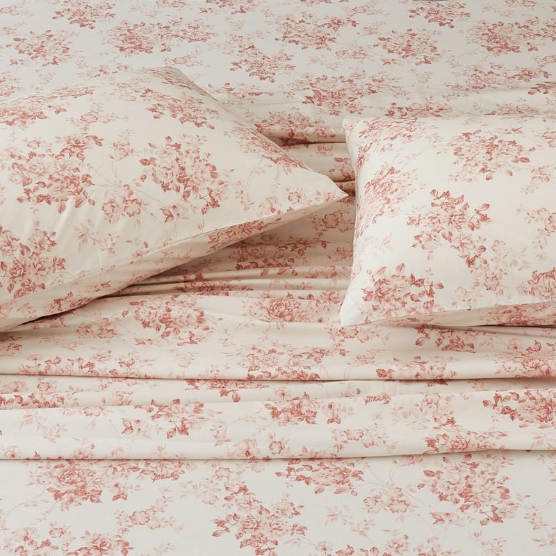 DAUAOTO 100 Cotton Sheets Set Twin Size Printed Bedding Sets Up to 14 Deep Mattress Toile Rose Floral Pattern Bedlinen Set Pale Red