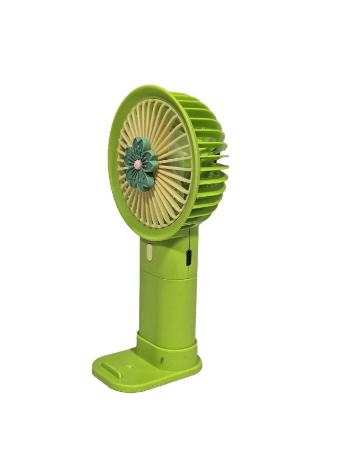 Mini handheld fan Q374F , cute design with bright and green color, small size and easy to carry by hand or put in bag, equipped with USB rechargeable battery, on/off button 3 speeds with LED light, nice summer and birthday gift for kids and adults, high quality and easy to use