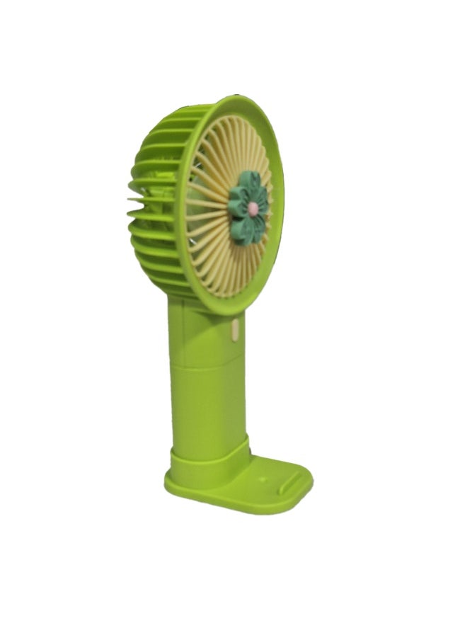 Mini handheld fan Q374F , cute design with bright and green color, small size and easy to carry by hand or put in bag, equipped with USB rechargeable battery, on/off button 3 speeds with LED light, nice summer and birthday gift for kids and adults, high quality and easy to use