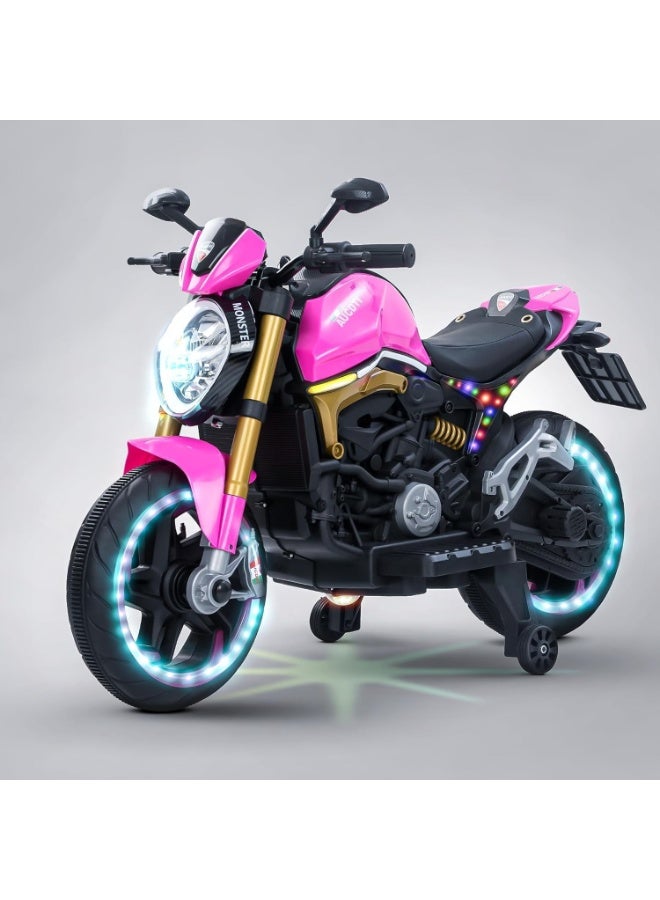 دراجة اطفال تعمل بالبطارية من ريسر للاطفال مع مسرع يدوي وموسيقى | دراجة لعبة ركوب قابلة لاعادة الشحن مع عجلات واضاءة LED | دراجة كهربائية للقيادة (بينك) - Image 1