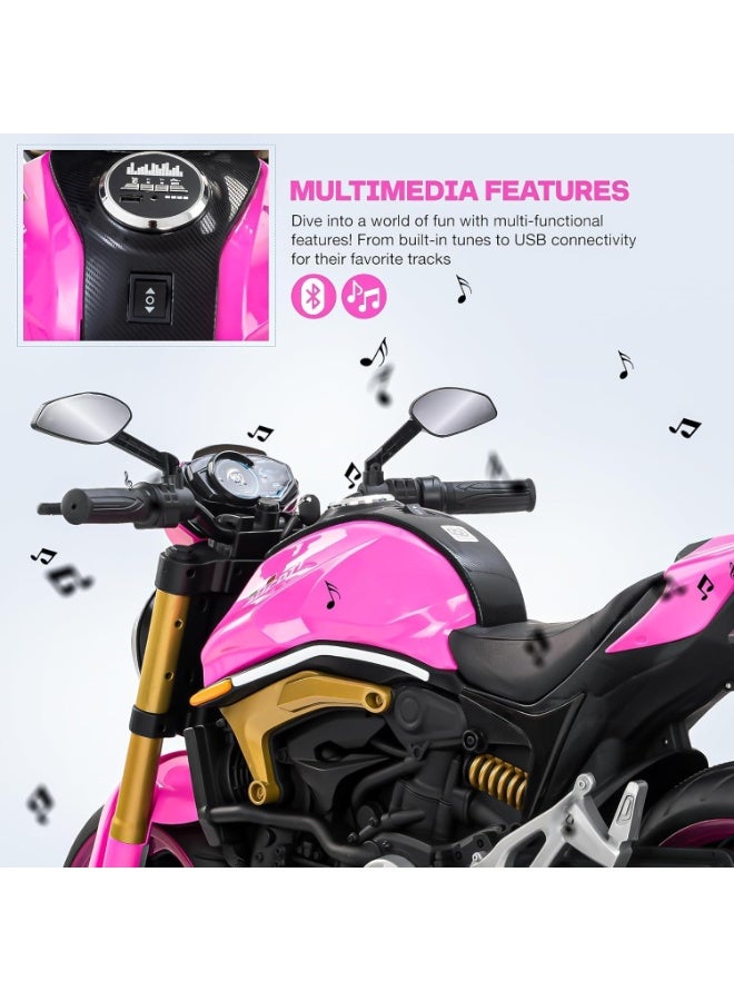 دراجة اطفال تعمل بالبطارية من ريسر للاطفال مع مسرع يدوي وموسيقى | دراجة لعبة ركوب قابلة لاعادة الشحن مع عجلات واضاءة LED | دراجة كهربائية للقيادة (بينك) - Image 2