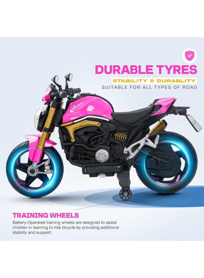 دراجة اطفال تعمل بالبطارية من ريسر للاطفال مع مسرع يدوي وموسيقى | دراجة لعبة ركوب قابلة لاعادة الشحن مع عجلات واضاءة LED | دراجة كهربائية للقيادة (بينك) - Image 3
