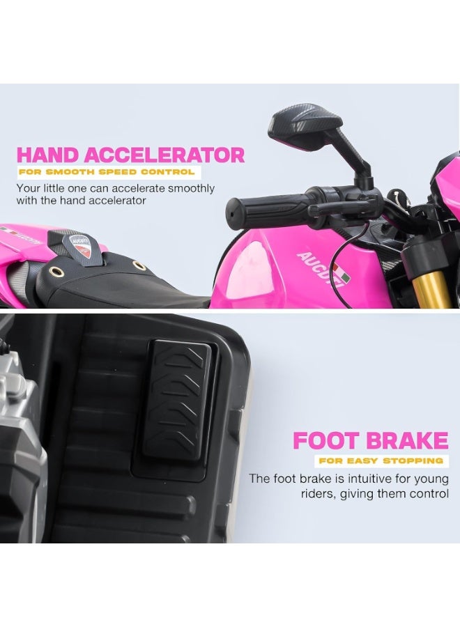 دراجة اطفال تعمل بالبطارية من ريسر للاطفال مع مسرع يدوي وموسيقى | دراجة لعبة ركوب قابلة لاعادة الشحن مع عجلات واضاءة LED | دراجة كهربائية للقيادة (بينك) - Image 4