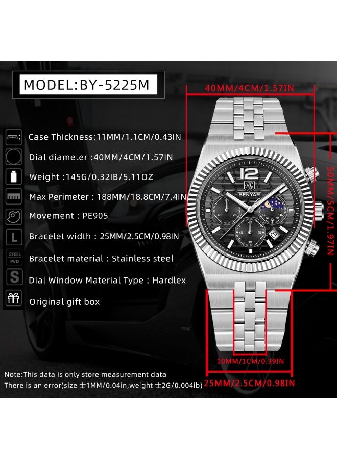 BENYAR Mens Watches Multifunction Chronograph Date Quartz Watch for Men Stainless Steel Band Wrist Watch Gift for Men Casual Business - Image 5