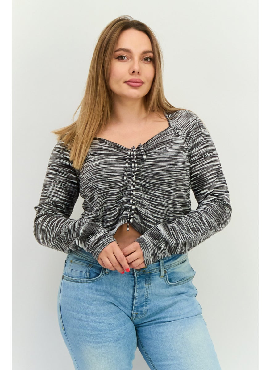 LOST INK Women Square Neck Long Sleeve Space Dye Print Blouse Black  - Image 1