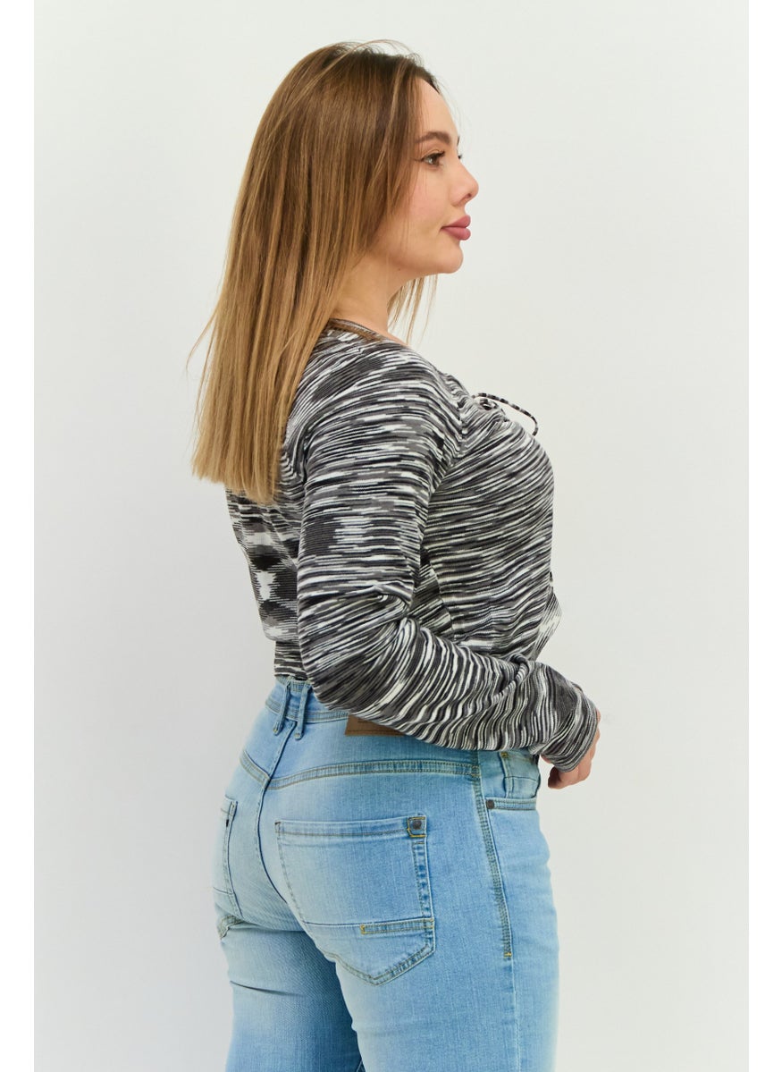 LOST INK Women Square Neck Long Sleeve Space Dye Print Blouse Black  - Image 3