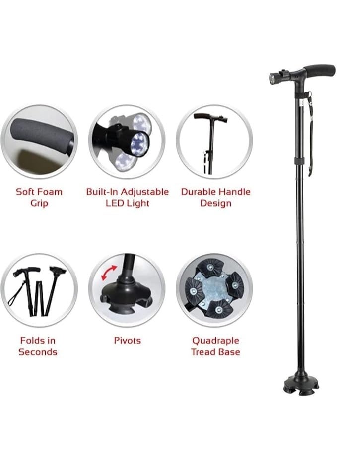 Click to see full view Walking Cane Adjustable Folding with LED Light, Quad Base Pivot, Ergonomic Rubber Handle, Portable Sturdy Support Stick for Seniors Men Women Hiking - Image 3