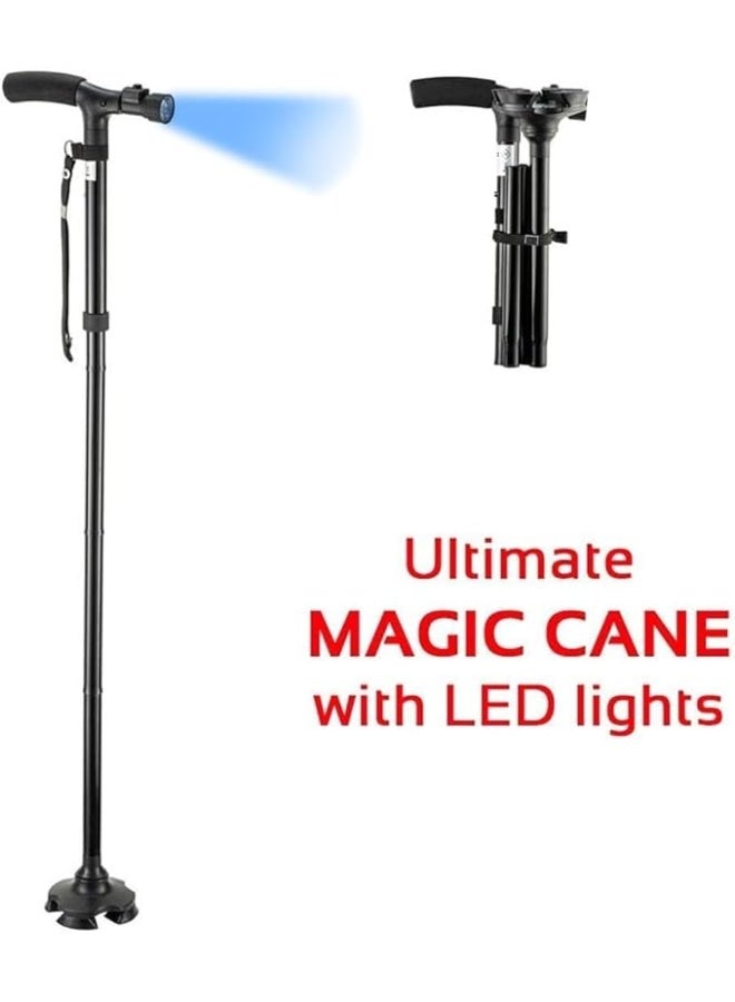 Click to see full view Walking Cane Adjustable Folding with LED Light, Quad Base Pivot, Ergonomic Rubber Handle, Portable Sturdy Support Stick for Seniors Men Women Hiking - Image 2