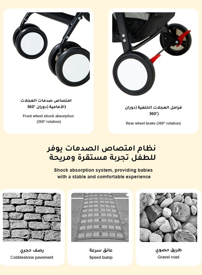 حبونا عربية أطفال خفيفة الوزن، بوزن 4.3 كجم فقط لسهولة الحمل، مزودة بحزام أمان خماسي، وناموسية، وسلة تخزين كبيرة. تُطوى بخطوة واحدة للاستخدام السريع، وتمنح الراحة والأمان للأطفال من عمر 0 إلى 24 شهرًا - Image 3