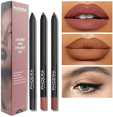AQUAPURITY PHOERA Lip Liner and Eye Liner 3Pcs Set Long Lasting Eyeliner Pencil Matte Lip Liner Pencil Set Easy To Colour Waterproof Shaping Lip Liner Set for Women and Girls K02