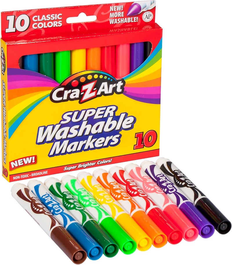 CrazArt علامات كلاسيكية قابلة للغسل، طرف عريض، أسطوانة متنوعة، حبر متنوع، عبوة من 10 علامات - Image 1