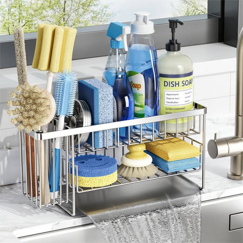 Cisily Silver 2Tier Kitchen Sink Caddy Organzier Rack with Flexible Dish Brush Holder Sponge Holder for Kitchen Sink Countertop Organization StorageHome Decor Stainless Steel - Image 2
