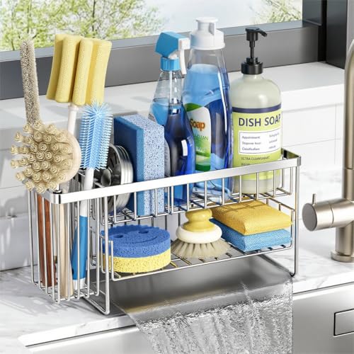 Cisily Silver 2Tier Kitchen Sink Caddy Organzier Rack with Flexible Dish Brush Holder Sponge Holder for Kitchen Sink Countertop Organization StorageHome Decor Stainless Steel - Image 1