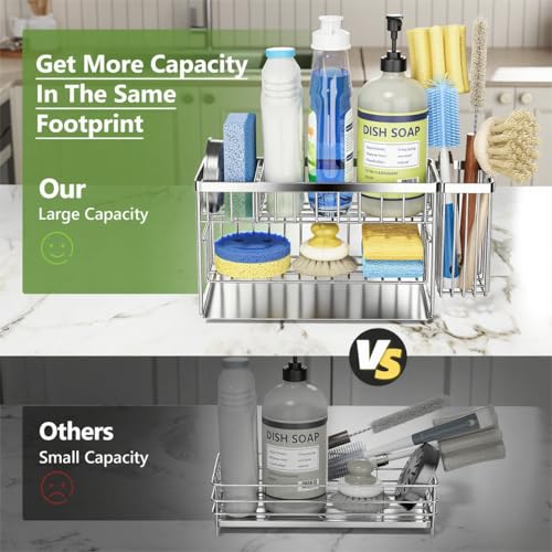 Cisily Silver 2Tier Kitchen Sink Caddy Organzier Rack with Flexible Dish Brush Holder Sponge Holder for Kitchen Sink Countertop Organization StorageHome Decor Stainless Steel - Image 3