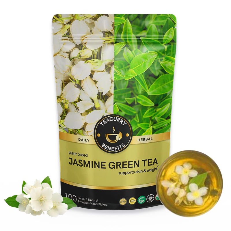 TEACURRY Jasmine Green Tea - 50 Gms Loose Tea Leaves | Green Tea for Weight Loss | 100% Natural Jasmine Tea Flowers | Jasmine Tea Infusion with Green Tea - Image 1