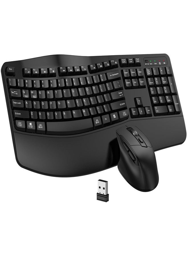 EDJO Wireless Keyboard and Mouse Combo, EDJO 2.4G Full Size Wave Keys Ergonomic Keyboard with Wrist Rest and 3-Level DPI Adjustable Wireless Ergonomic Mouse for Windows, Mac OS Desktop/Laptop/PC(Black) - Image 1