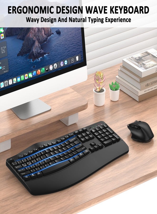 EDJO Wireless Keyboard and Mouse Combo, EDJO 2.4G Full Size Wave Keys Ergonomic Keyboard with Wrist Rest and 3-Level DPI Adjustable Wireless Ergonomic Mouse for Windows, Mac OS Desktop/Laptop/PC(Black) - Image 2