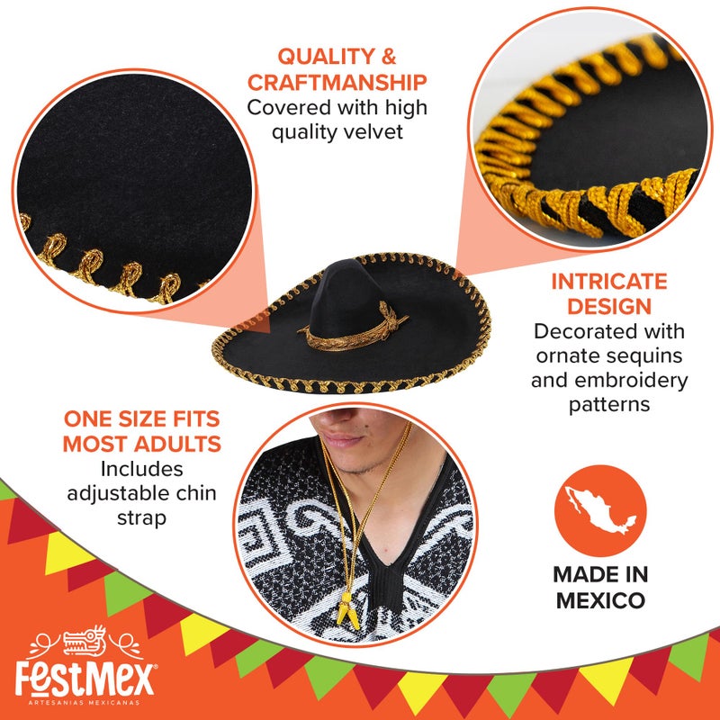 FESTMEX Mexican Sombrero Hats Charro â€“ Sombrero Mexicano & Mariachi Hat, Traditional Mexican Hats Funny Costumes for Adults, Mariachi Costume (Black Plain and Gold Embroider) - Image 3