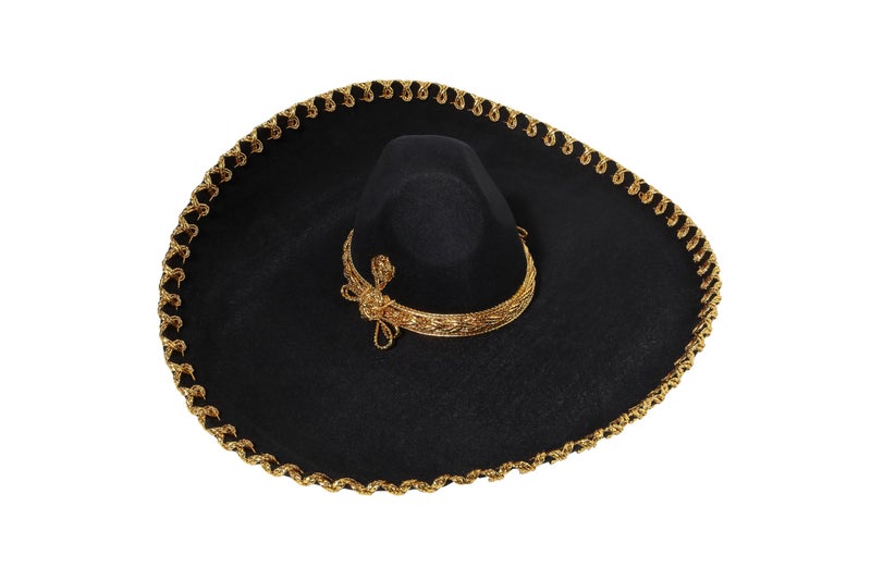 FESTMEX Mexican Sombrero Hats Charro â€“ Sombrero Mexicano & Mariachi Hat, Traditional Mexican Hats Funny Costumes for Adults, Mariachi Costume (Black Plain and Gold Embroider) - Image 1