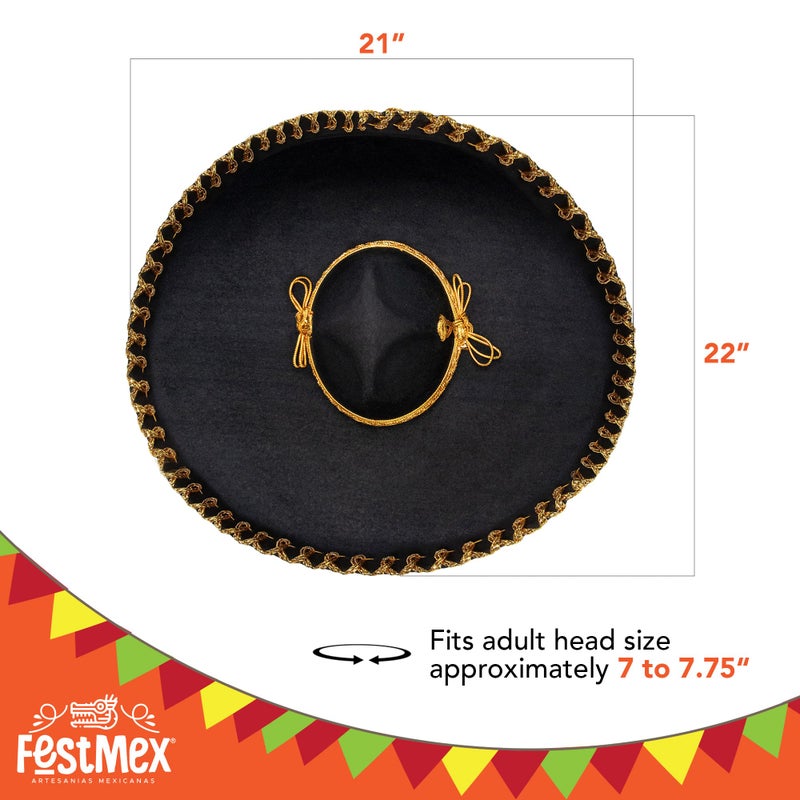 FESTMEX Mexican Sombrero Hats Charro â€“ Sombrero Mexicano & Mariachi Hat, Traditional Mexican Hats Funny Costumes for Adults, Mariachi Costume (Black Plain and Gold Embroider) - Image 2