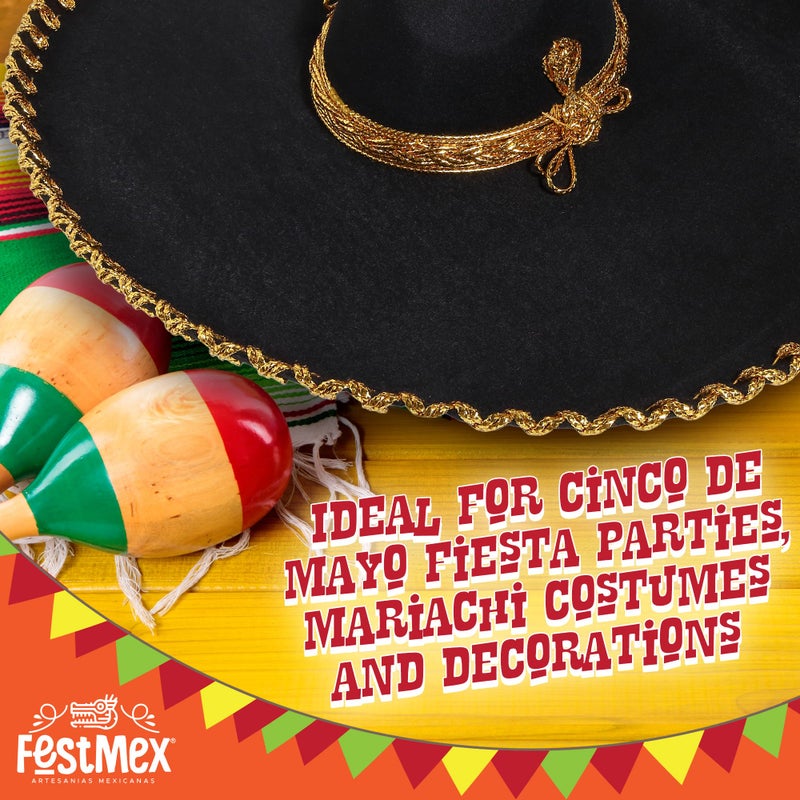 FESTMEX Mexican Sombrero Hats Charro â€“ Sombrero Mexicano & Mariachi Hat, Traditional Mexican Hats Funny Costumes for Adults, Mariachi Costume (Black Plain and Gold Embroider) - Image 4