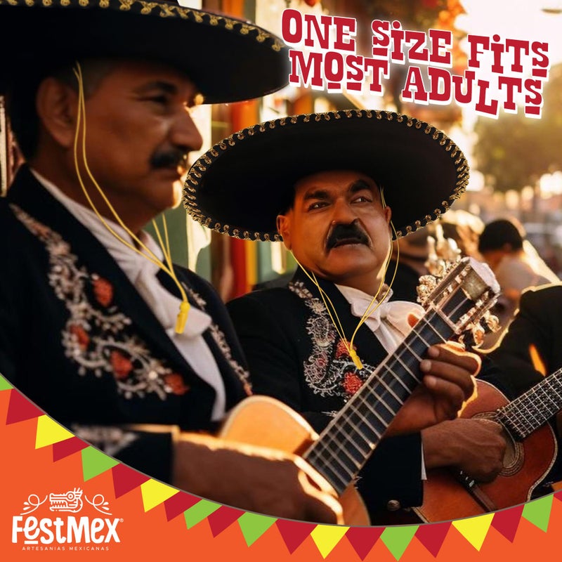 FESTMEX Mexican Sombrero Hats Charro â€“ Sombrero Mexicano & Mariachi Hat, Traditional Mexican Hats Funny Costumes for Adults, Mariachi Costume (Black Plain and Gold Embroider) - Image 5