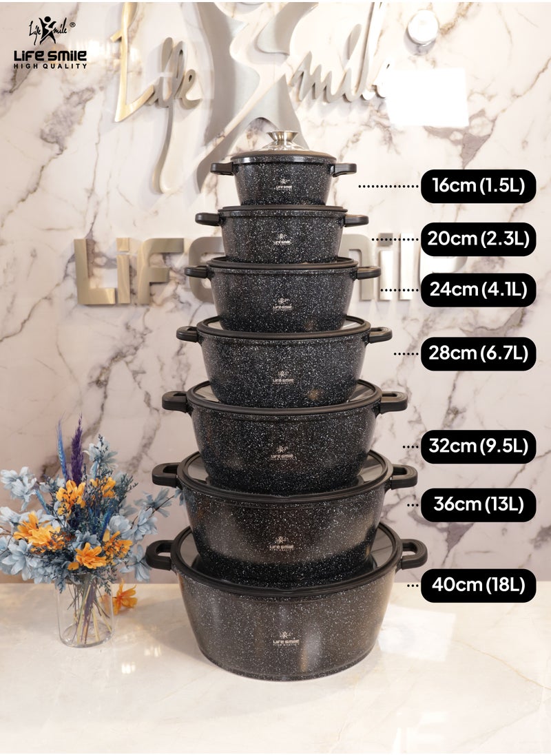 Life Smile - 32cm (9.5 Liter) LIFE SMILE Cooking Pot - Multi Layer Non Stick Granite Coating 100% PFOA Free - Glass Lid With Silicone Rim - Detachable Silicone Handles - oven safe (Black) - Image 1