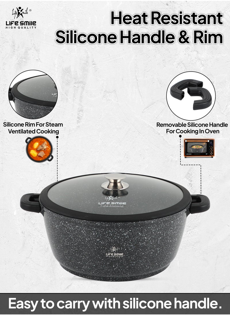Life Smile - 32cm (9.5 Liter) LIFE SMILE Cooking Pot - Multi Layer Non Stick Granite Coating 100% PFOA Free - Glass Lid With Silicone Rim - Detachable Silicone Handles - oven safe (Black) - Image 1