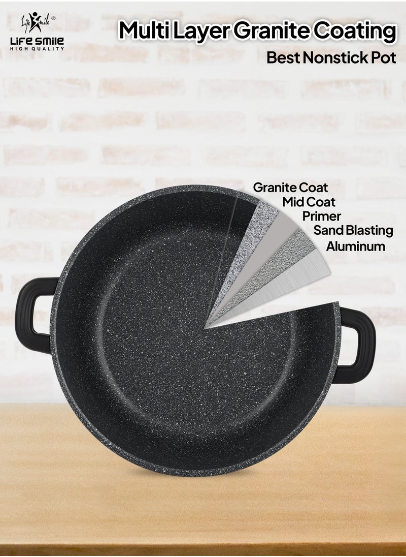 Life Smile - 32cm (9.5 Liter) LIFE SMILE Cooking Pot - Multi Layer Non Stick Granite Coating 100% PFOA Free - Glass Lid With Silicone Rim - Detachable Silicone Handles - oven safe (Black) - Image 1
