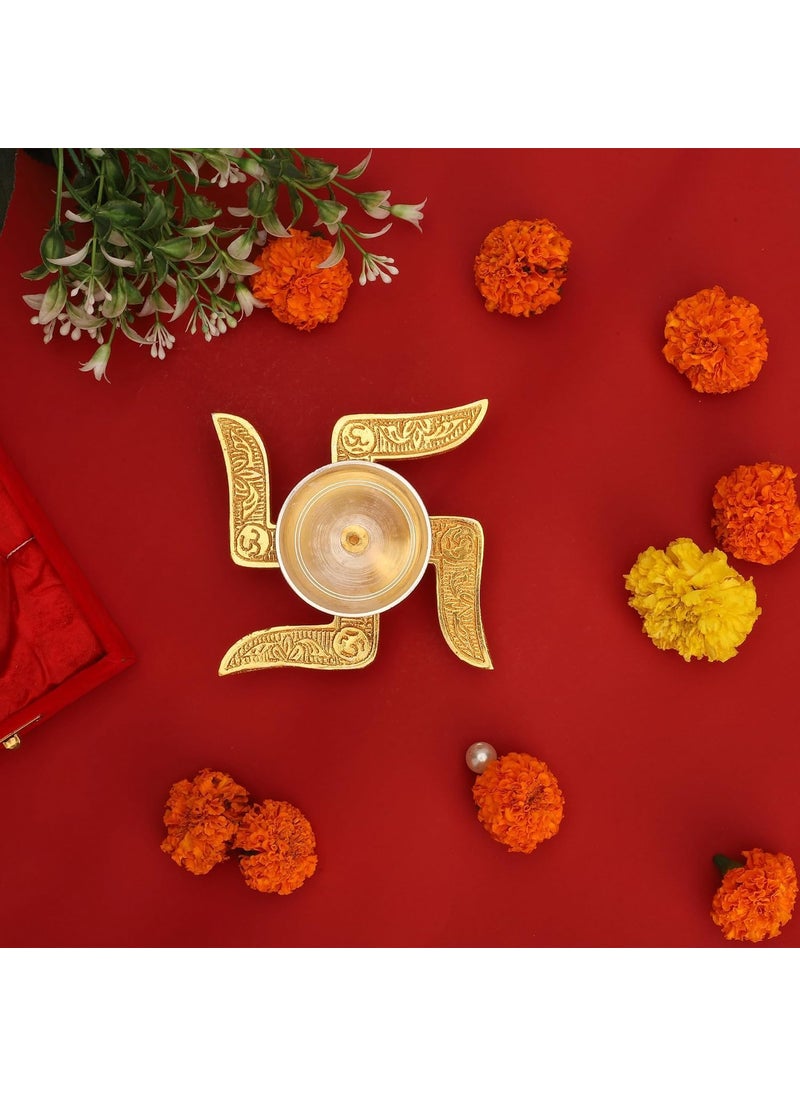 ROLLYWARE ROLLYWARE Brass Swastik Diya Religious Antique with Velvet Box for Pooja Decorative Lantern Diya House Warming Anniversary Birthday Return Gifting Pack of 1  - Image 3