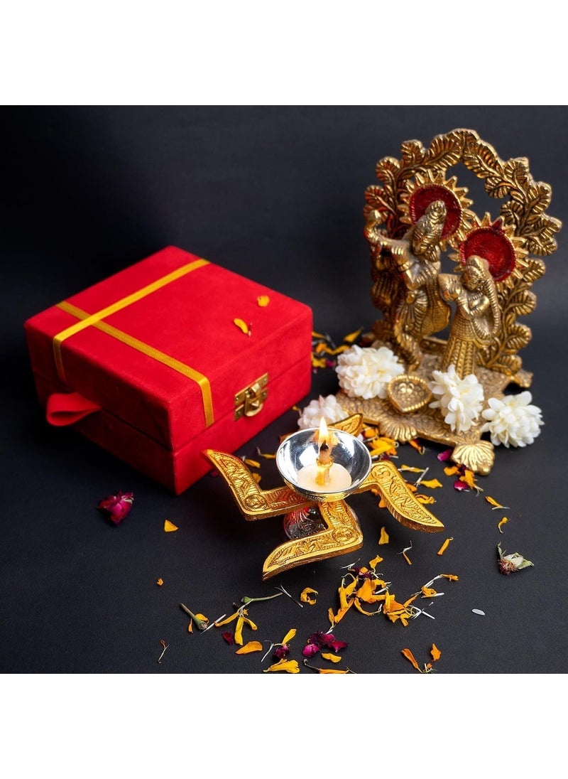 ROLLYWARE ROLLYWARE Brass Swastik Diya Religious Antique with Velvet Box for Pooja Decorative Lantern Diya House Warming Anniversary Birthday Return Gifting Pack of 1  - Image 2