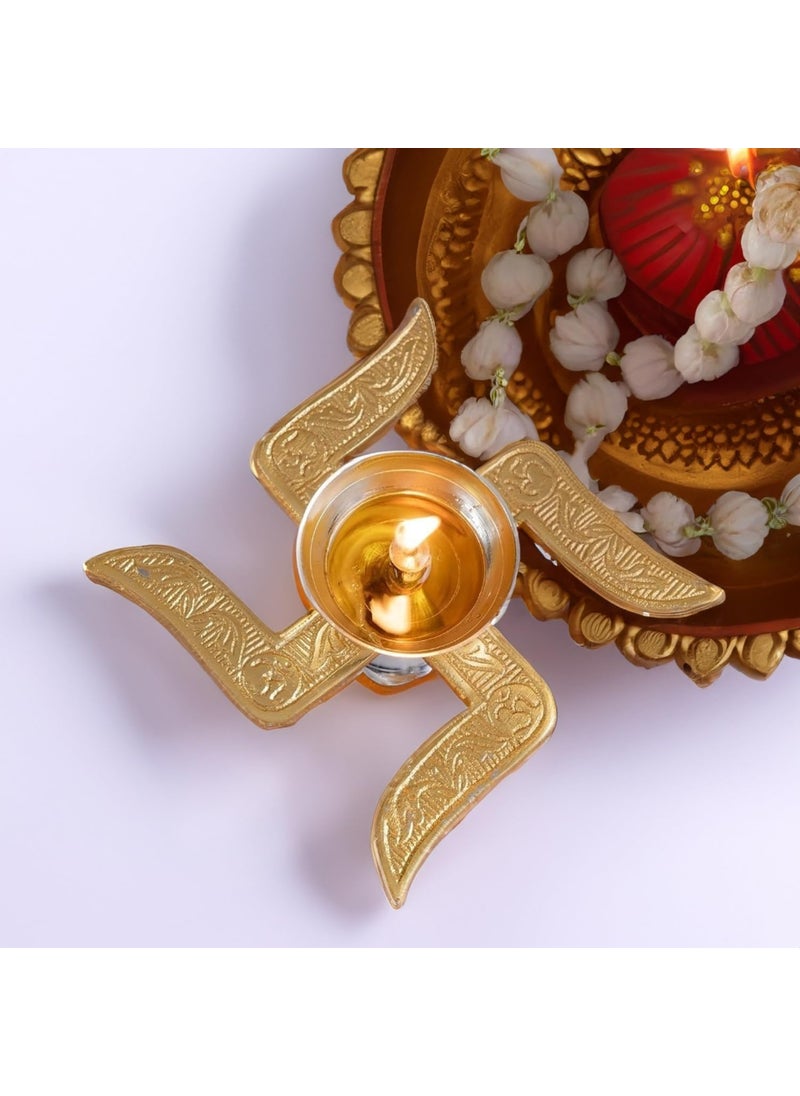 ROLLYWARE ROLLYWARE Brass Swastik Diya Religious Antique with Velvet Box for Pooja Decorative Lantern Diya House Warming Anniversary Birthday Return Gifting Pack of 1  - Image 4