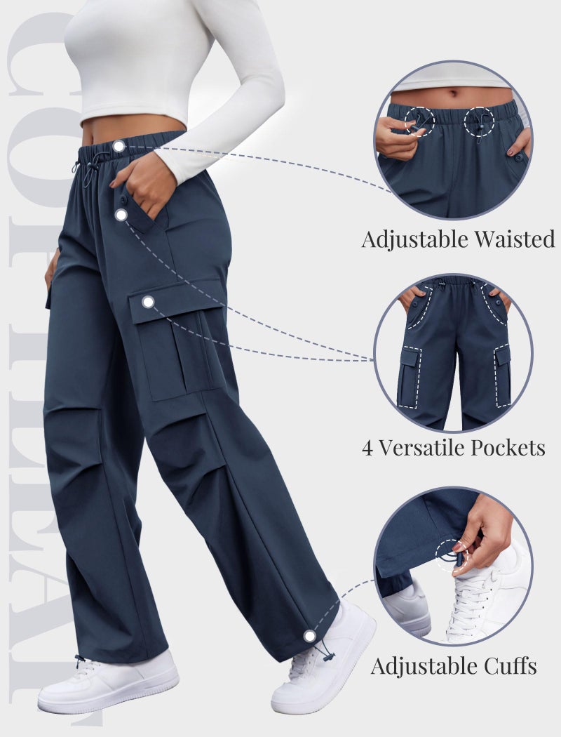 COPYLEAF Cargo Pants Women Elastic Waisted Parachute Hiking Pants with Pockets Water Resistant Lightweight Baggy Pants(Navy Blue S) - Image 5