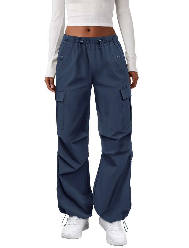 COPYLEAF Cargo Pants Women Elastic Waisted Parachute Hiking Pants with Pockets Water Resistant Lightweight Baggy Pants(Navy Blue S) - Image 1