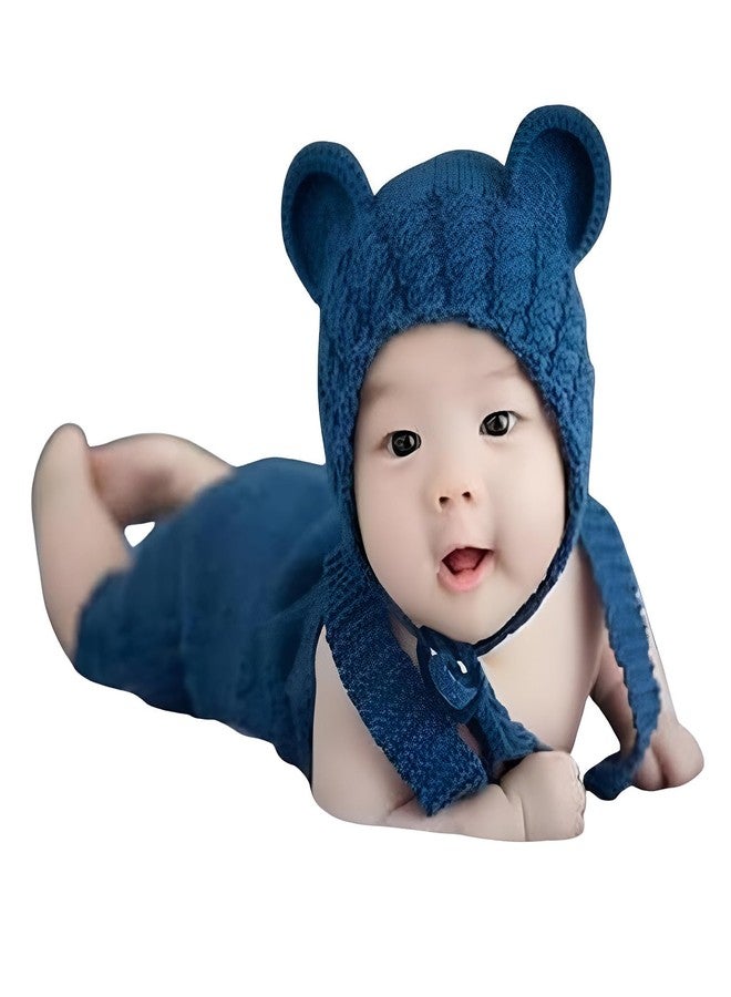 MOMISY طقم ملابس تصوير للأطفال، قبعة صوفية محبوكة بأذني دب مع بذلة، أزرق داكن - Image 1