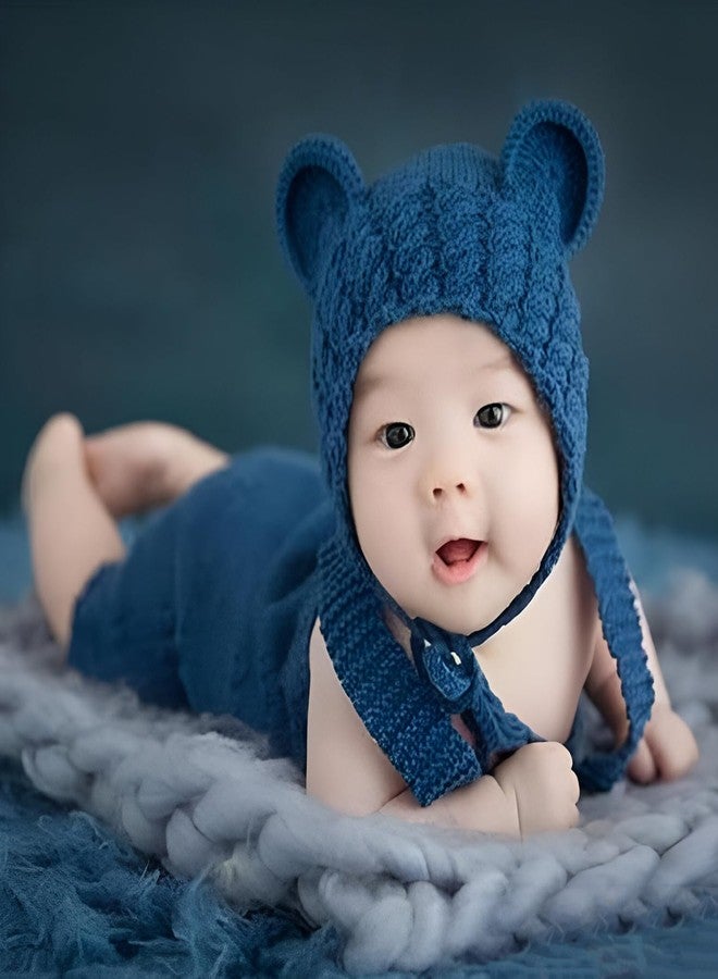 MOMISY طقم ملابس تصوير للأطفال، قبعة صوفية محبوكة بأذني دب مع بذلة، أزرق داكن - Image 2