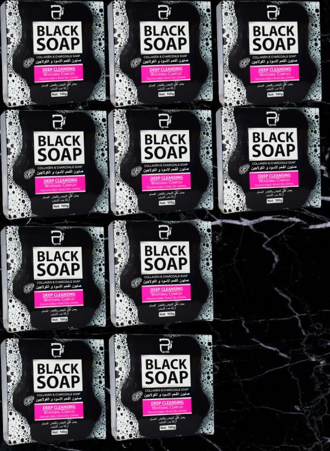 PYRON 10 Pieces Black Soap Collagen And Charcoal Deep Cleansing Whitening Complex 100g - Image 1