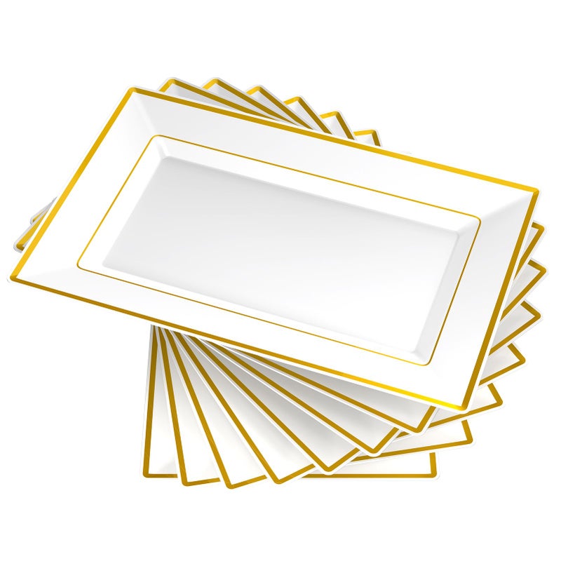 FOCUSLINE 8 PCS Plastic Serving Trays, White and Gold Rim Plastic Serving Platters, Disposable Tray for Food, Perfect for Wedding Parties - Image 1