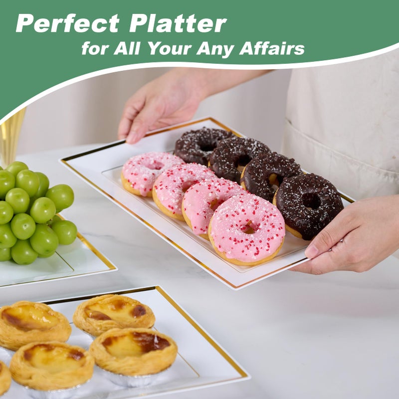 FOCUSLINE 8 PCS Plastic Serving Trays, White and Gold Rim Plastic Serving Platters, Disposable Tray for Food, Perfect for Wedding Parties - Image 5