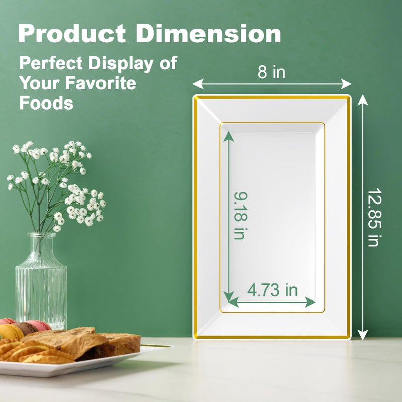 FOCUSLINE 8 PCS Plastic Serving Trays, White and Gold Rim Plastic Serving Platters, Disposable Tray for Food, Perfect for Wedding Parties - Image 4
