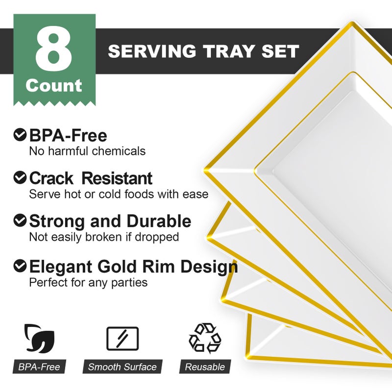 FOCUSLINE 8 PCS Plastic Serving Trays, White and Gold Rim Plastic Serving Platters, Disposable Tray for Food, Perfect for Wedding Parties - Image 3