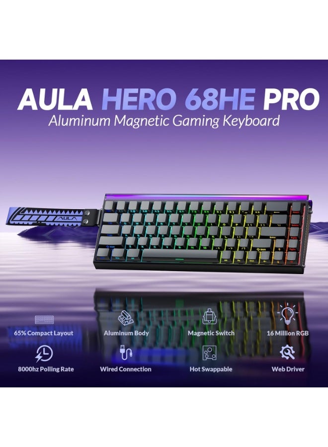 AULA لوحة مفاتيح الألعاب السلكية AULA Hero 68 HE Pro بنسبة 65% مع مفتاح تأثير هول المغناطيسي Black King بمعدل استجابة 8KHz وإطار من الألمنيوم CNC وإضاءة خلفية RGB وزر سريع الاستجابة وقابل للتعديل وقابل للتبديل مع مفاتيح PBT مطبوعة من الجانب لجهاز الكمبيوتر ماك - Image 5