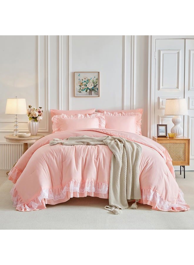 Joyreap Lace Ruffle Bed in a Bag Pink, Queen Size Microfiber 7pcs Ruffled Comforter Sheet Set for Girls, Princess Style Vintage Boho Chic Bedding Comforter Set for All Season - Image 1