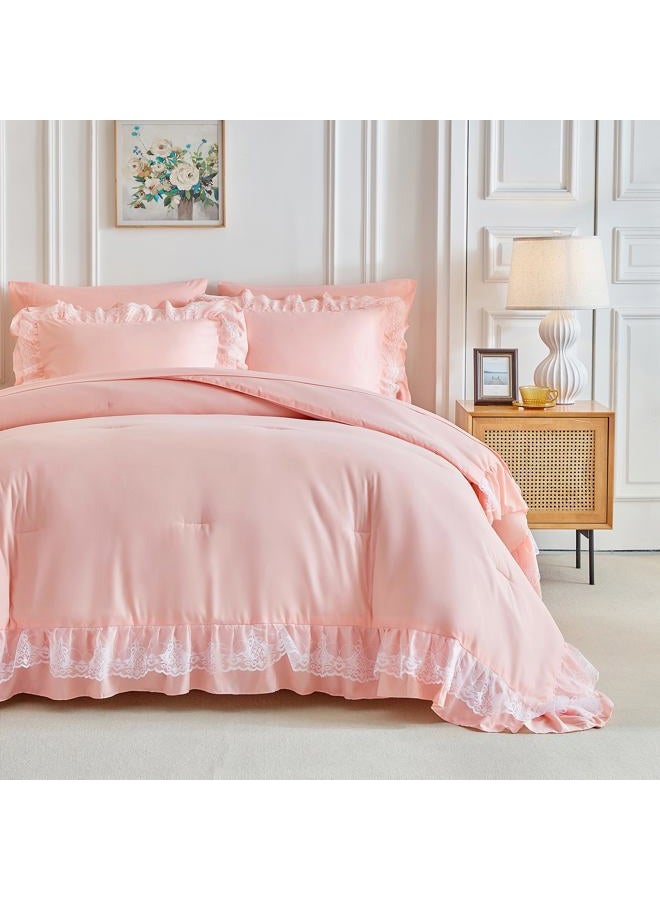 Joyreap Lace Ruffle Bed in a Bag Pink, Queen Size Microfiber 7pcs Ruffled Comforter Sheet Set for Girls, Princess Style Vintage Boho Chic Bedding Comforter Set for All Season - Image 3